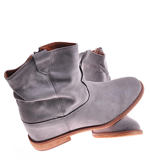 Zamszowe botki damskie na niskim koturnie Szare /D6-3 12260 T296/