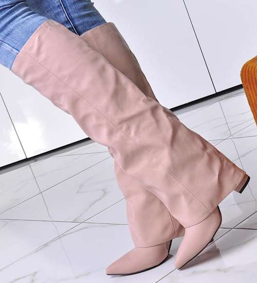 Modne bezowe kozaki damskie na obcasie /C5-2 12482 T1390/