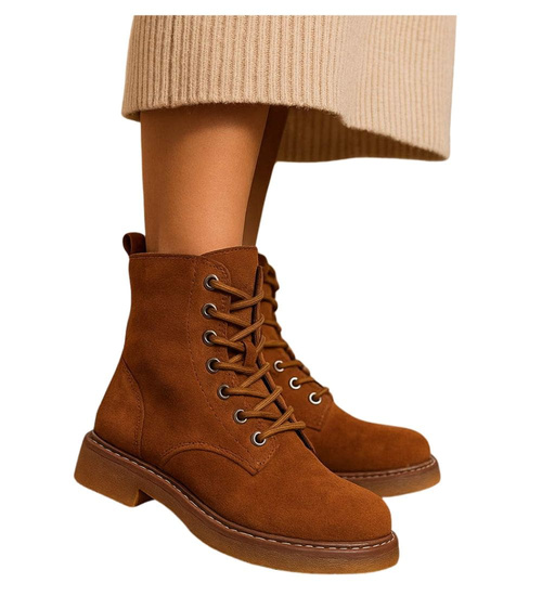 Karmelowe wiązane botki trapery zamszowe /E3-1 18388 W485/