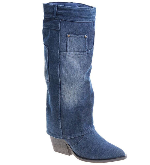 Jeansowe damskie kozaki na słupku /B5-2 14958 T108/