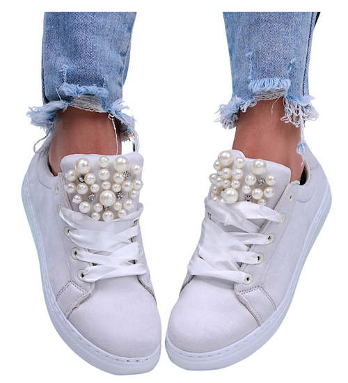 Sznurowane szare trampki damskie z perełkami /F6-3 15952 T185/