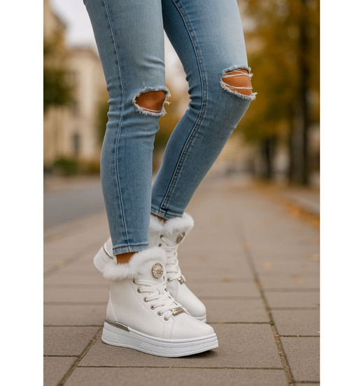 Białe zimowe trampki z futerkiem G8-2 18328 T411/