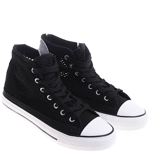 Ażurowe sznurowane trampki damskie Czarne /F1-1 16331 G9-84/