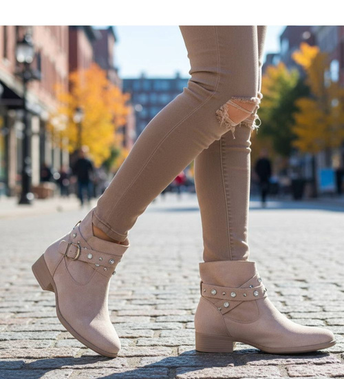 Zamszowe botki damskie beżowe /K3-3 18552 W222/