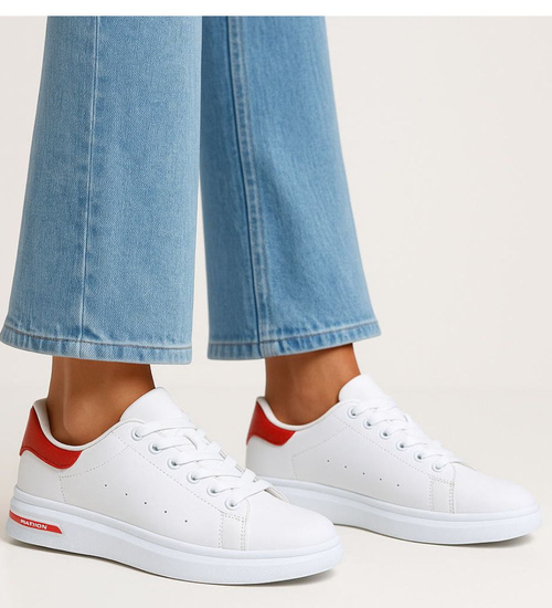 Białe damskie trampki z czerwonymi dodatkami /B6-3 16080 T198/