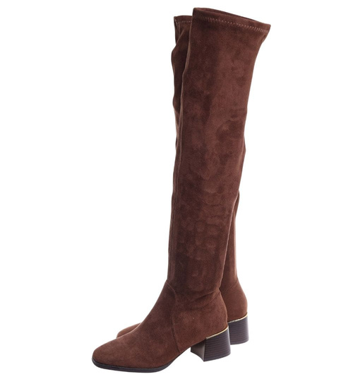 Czekoladowe kozaki muszkieterki na obcasie /F3-2 18258 W588/