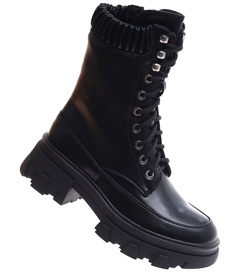 Sznurowane czarne glany trapery na platformie /F9-1 17183 T312/
