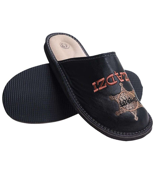 Skórzane kapcie męskie na prezent Dziadek Rządzi /C1-1 6642 S196/