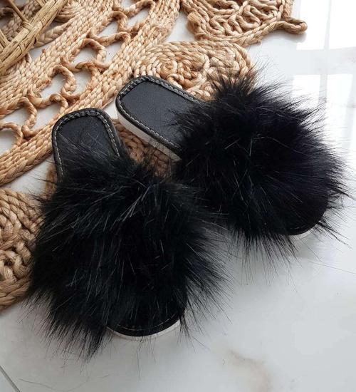Klapki z futerkiem na grubym spodzie Czarne /E1-1 6925 S197/