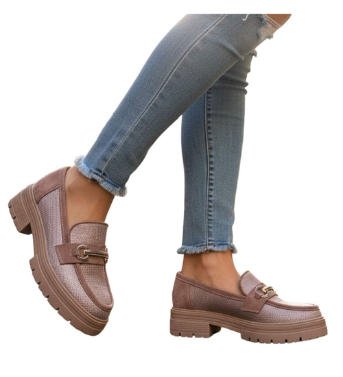 Półbuty loafersy damskie na platformie Khaki /K3-2 18619 W142/