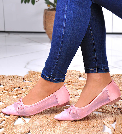 Koronkowe balerinki z kokardką Różowe /G13-2 8369 S099/ 