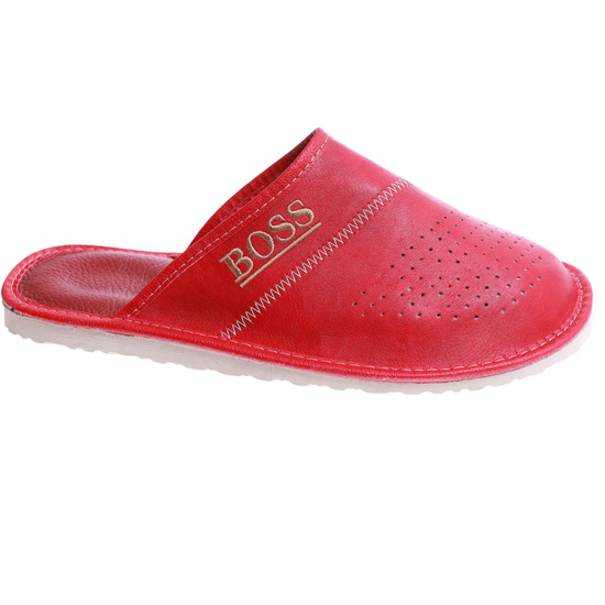 Kryte skórzane męskie klapki domowe Czerwone /G7-1 17322 S199/