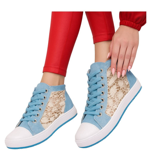 Sznurowane ażurowe trampki damskie Niebieskie /A1-3 13311 S190/