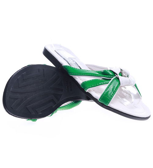 Klapki damskie na płaskim obcasie biało zielone /H2 14343 T005/