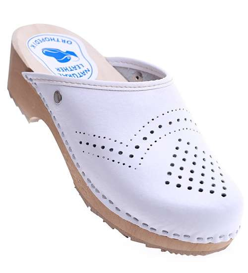 Skórzane chodaki ażurowe drewniaki BIAŁE /F8-1 1881 M493/