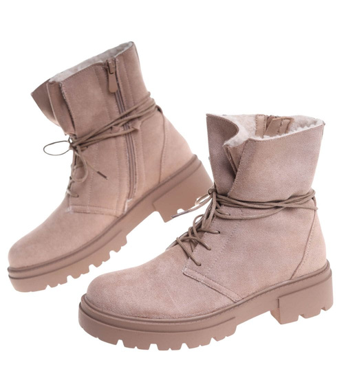 Zimowe botki trapery z ociepleniem beżowe /F8-2 18499 T4/