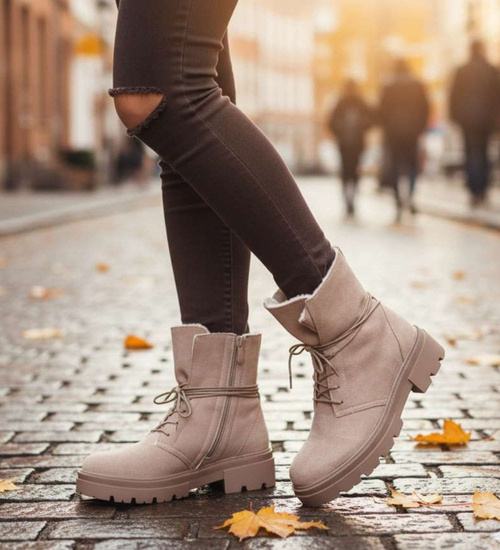 Zimowe botki trapery z ociepleniem beżowe /F8-2 18499 T4/