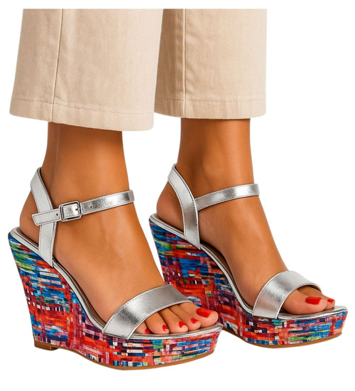 Srebrne sandały damskie na koturnie i platformie /F5-1 15687 T182/