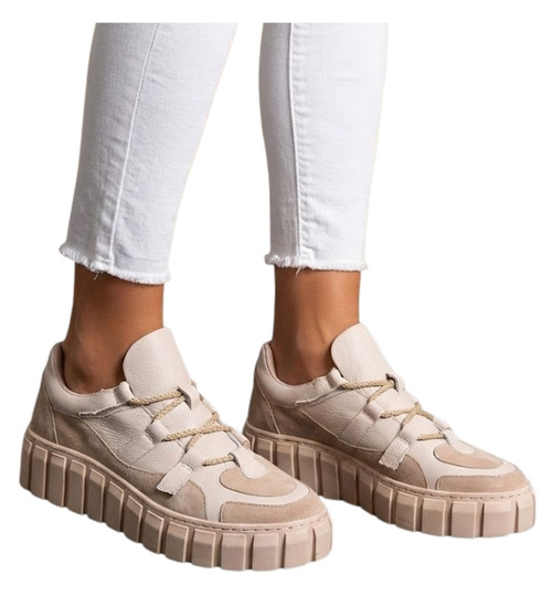 Beżowe skórzane damskie trampki creepersy /G2-2 11590 N0178/