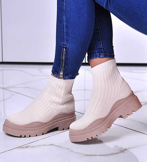 Damskie botki na grubej podeszwie Beige/Khaki /C7-3 10781 T790/