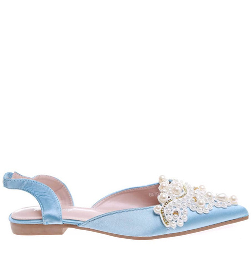 Niebieskie płaskie sandały z perełkami /C7-2 16364 G079/