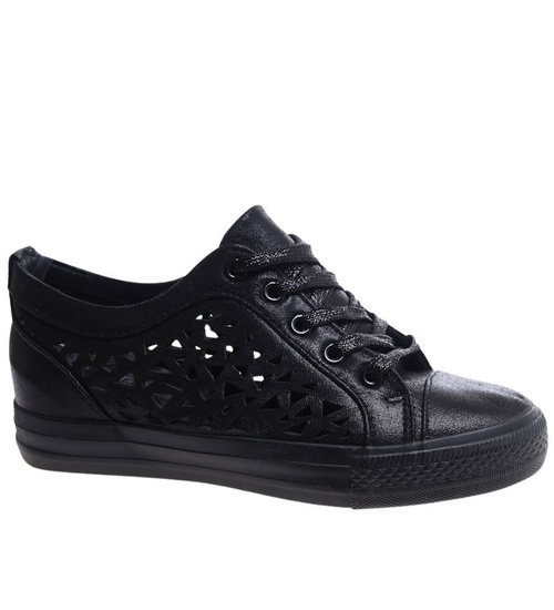 Czarne ażurowe trampki na koturnie /E3-1 17201 G6/