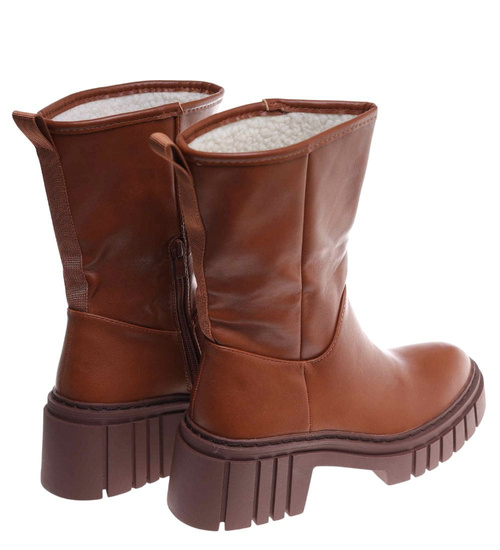 Wysokie karmelowe botki damskie z ociepleniem /E2-1 18229 T313/