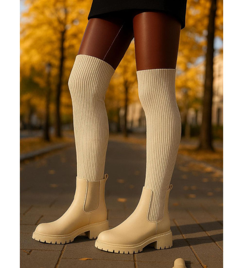 Beżowe kozaki muszkieterki z elastyczną cholewką /C1-1 18333 T380/