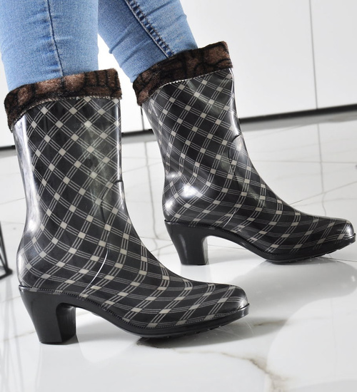 Kalosze w kratkę na obcasie z dopinanym ocieplaczem /C2-1 9571 S290/