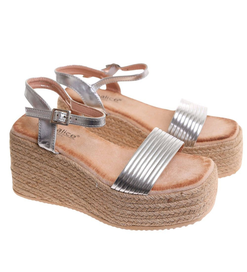 Sandały damskie na koturnie i platformie Srebrne espadryle /A9-1 17868 G187/