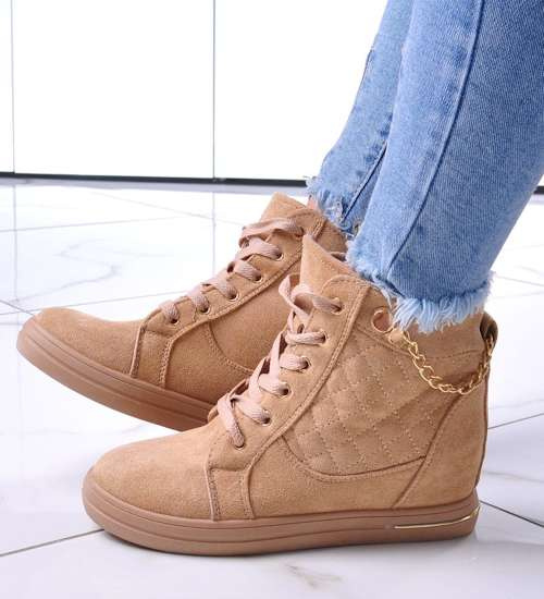 Beżowe sneakersy damskie na koturnie /E6-2 12769 T796/