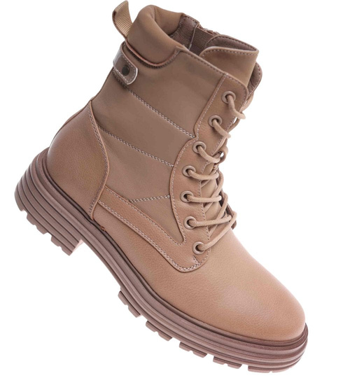 Sznurowane ocieplane botki trapery Khaki /F1-3 18255 W430/