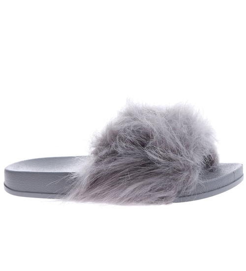 Szare damskie klapki z obfitym futerkiem /E1-3 15194 T199/