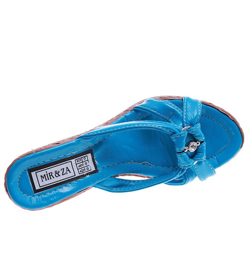 Damskie niebieskie klapki na koturnie i platformie /H2 14317 T005/