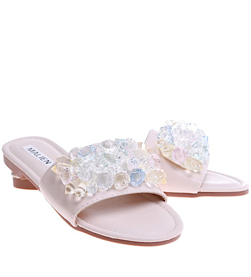 Beżowe płaskie klapki damskie z kamieniami /C6-2 16164 T287/