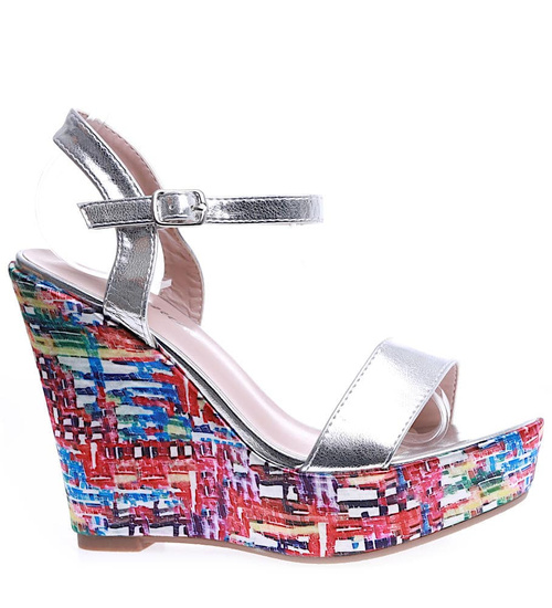 Srebrne sandały damskie na koturnie i platformie /F5-1 15687 T182/