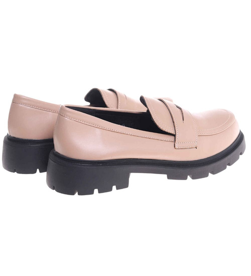 Beżowe półbuty loafersy damskie na platformie /H2 18628 W147/