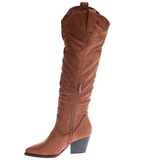 Camelowe kozaki damskie na słupku /F3-2 15002 T633/