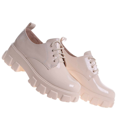 Beżowe półbuty loafersy na platformie /i6-2 18489 W12-3/