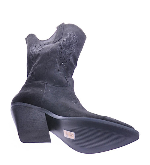 Czarne kozaki damskie na słupku zamszowe /G5-3 12507 T104/