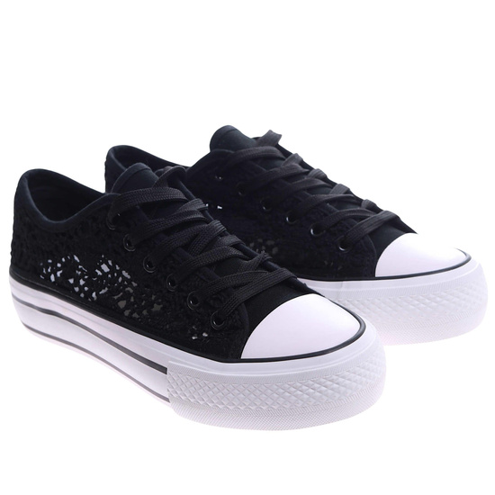 Koronkowe czarne trampki damskie na platformie /E9-2 17466 H2 G230/