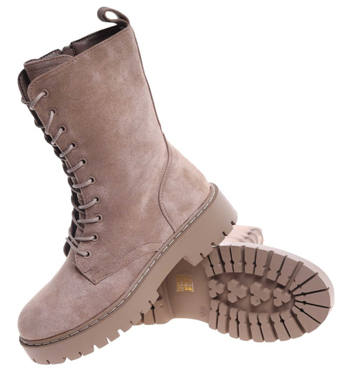 Beżowe wiązane botki workery zamszowe /J4-2 h2 18413 W388/