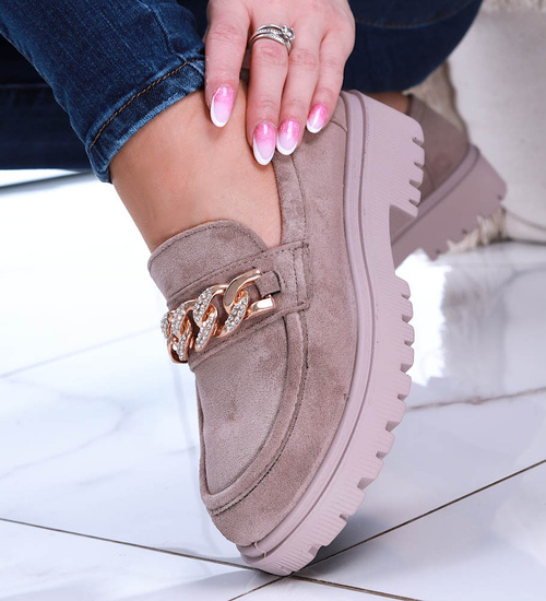 Półbuty loafersy na niskiej platfomie Khaki /E4-3 14874 T485/