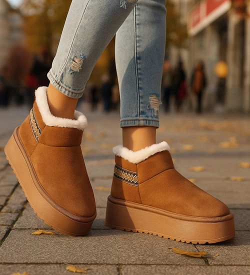 Krótkie kozaki śniegowce karmelowe ocieplane /D3-1 18420 T266/