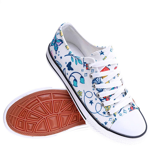 Białe sznurowane damskie trampki z kolorowym printem /D7-2 15604 T266/