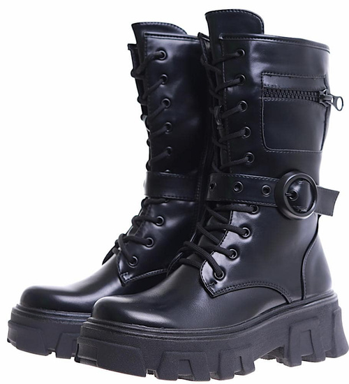 Wiązane glany trapery na platformie Czarne /B3-1 17018 T312/