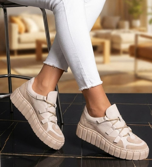 Beżowe skórzane damskie trampki creepersy /G2-2 11590 N0178/