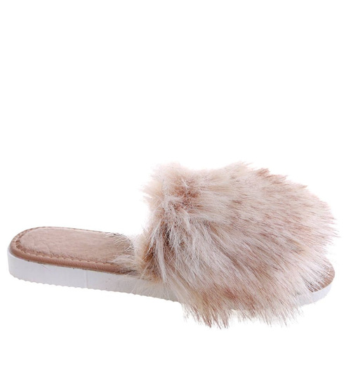 Beżowe damskie klapki z kudłatym futerkiem Premium /G8-1 11405 S292/