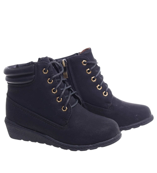 Czarne sznurowane botki na niskim koturnie /C5-2+H2 16626 T7-38/