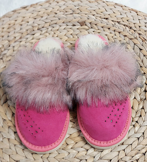 Skórzane ocieplane kapcie damskie Różowe /G2-1 9941 S198/